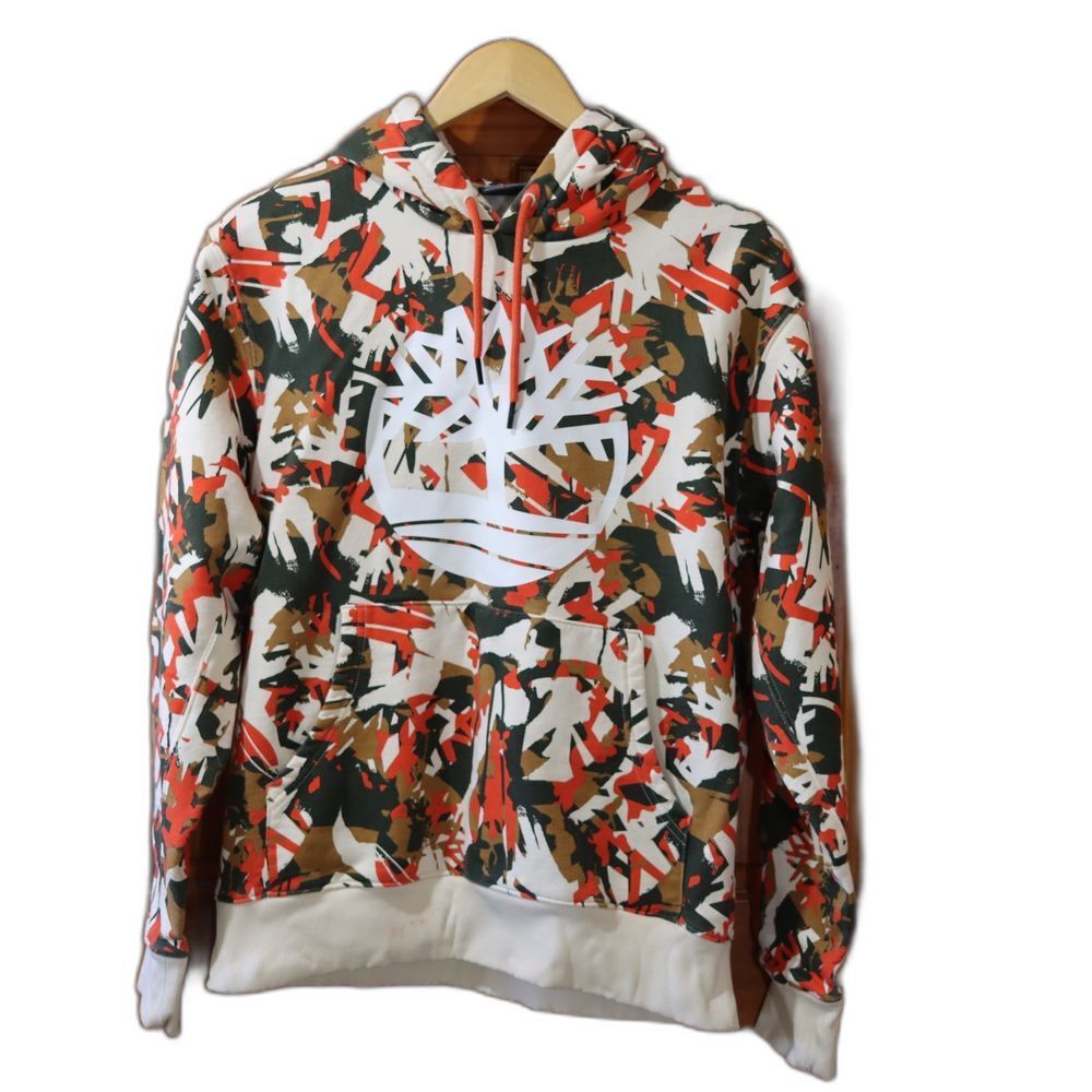 Timberland Camo Pullover Hoodie Size M Cream Brown Black Red Chest Logo Stains